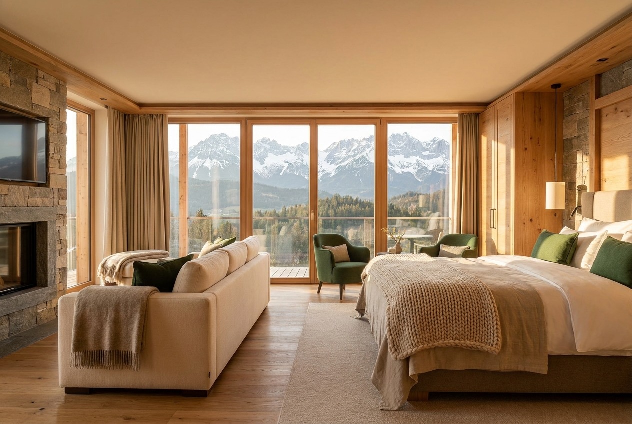 Panorama Suite mit bodentiefen Fenstern und Bergblick
